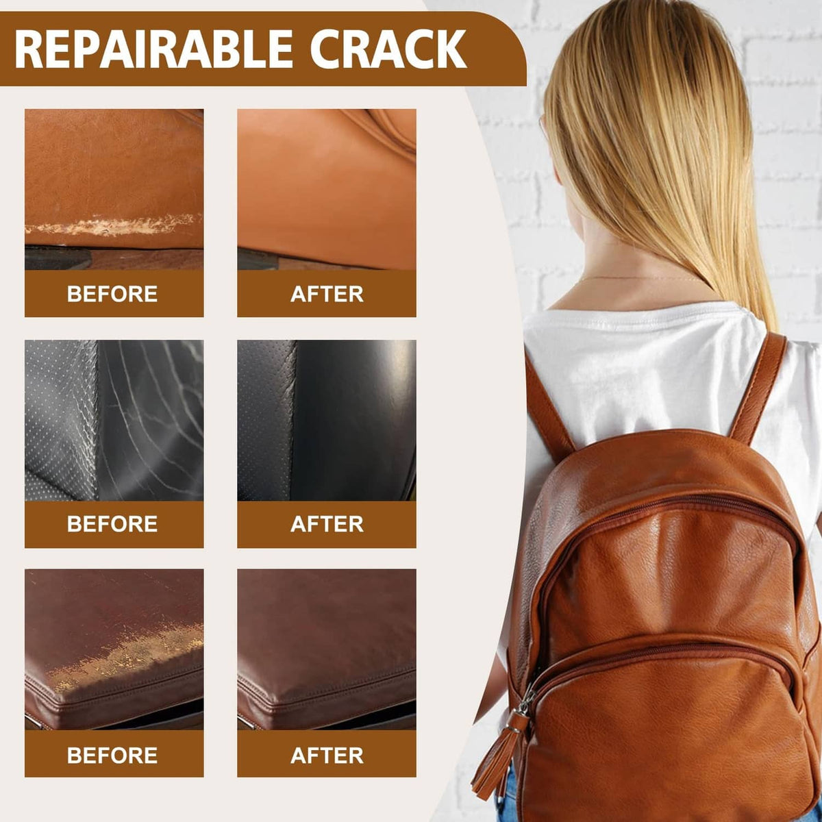 Brown leather backpack with repairable crack shown in before and after panels