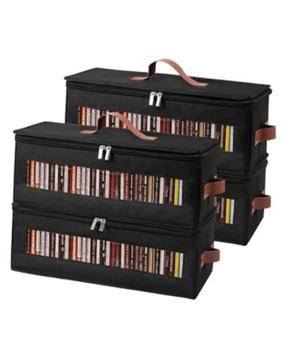 Set of 3 black CD storage boxes with clear windows, brown handles, and zipped lids.