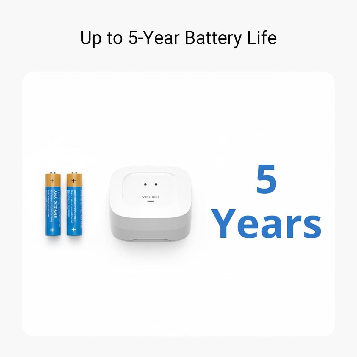 White leak hub with two AA batteries and “5 Years” battery life graphic.