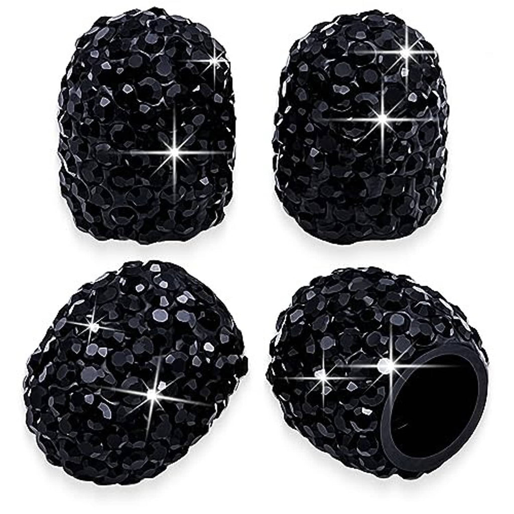 Set of 4 black rhinestone tire valve caps with open inner ends and glossy sparkle