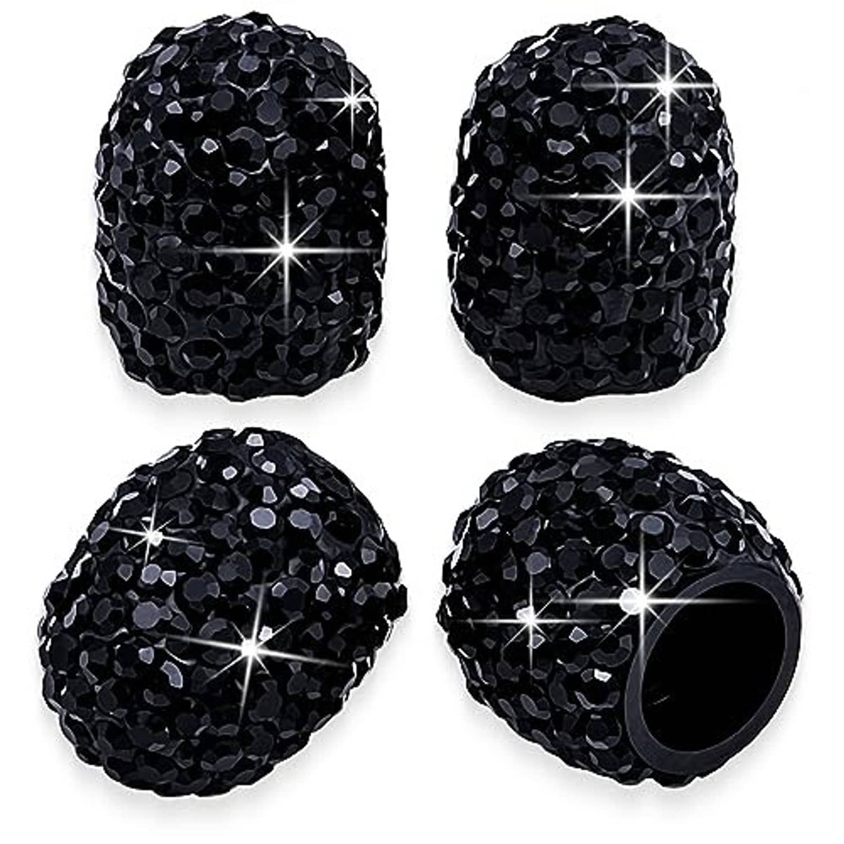 Set of 4 black rhinestone tire valve caps with open inner ends and glossy sparkle