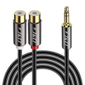 RCA to 3.5mm auxiliary audio cable with dual RCA female and gold 3.5mm male plugs