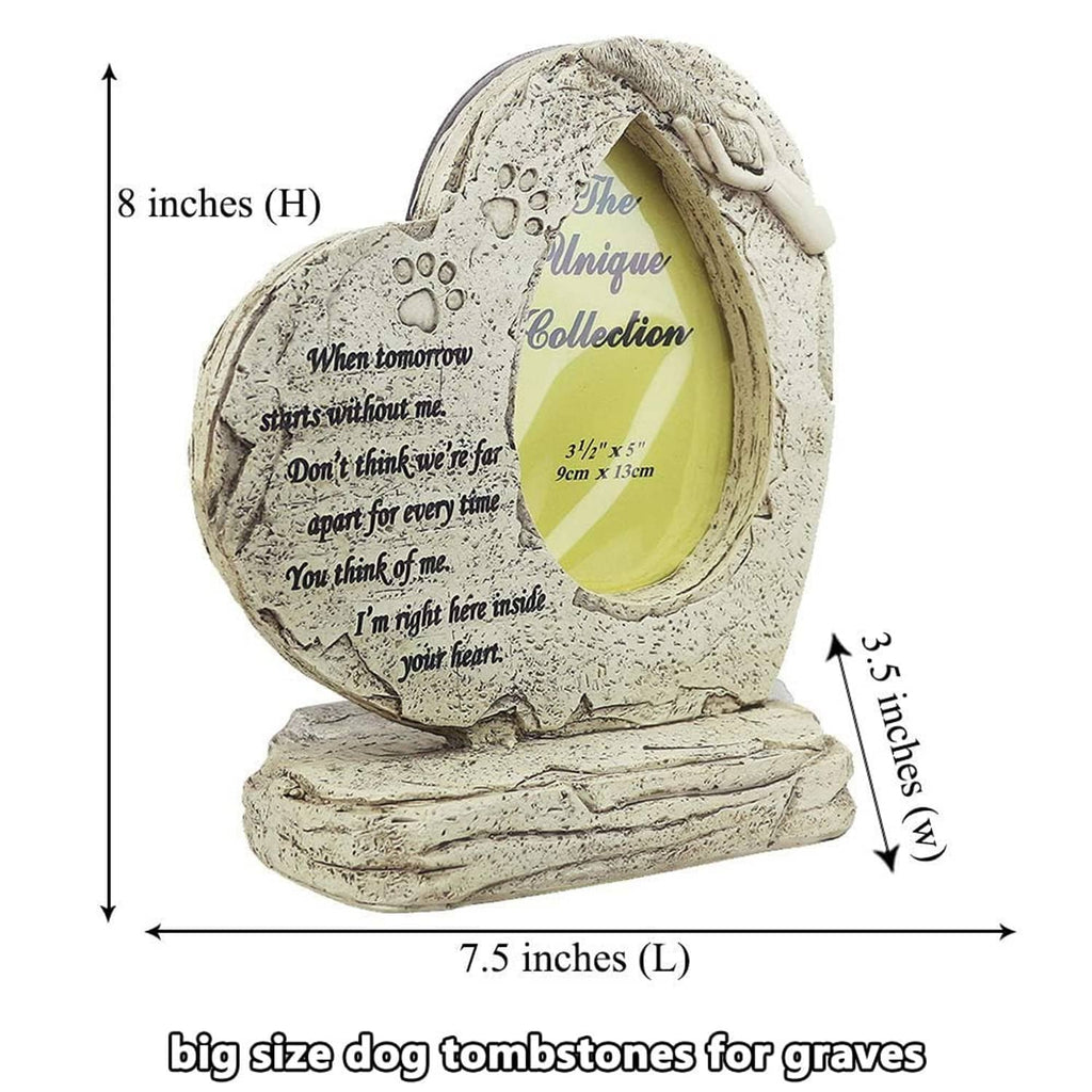 Heart-shaped dog memorial stone with oval photo frame; dimensions shown