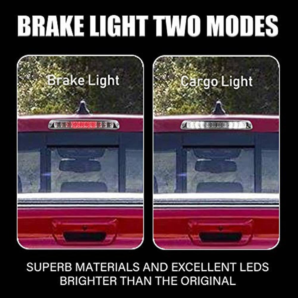 LED third brake light bar with red center strip and clear outer lens, chrome trim