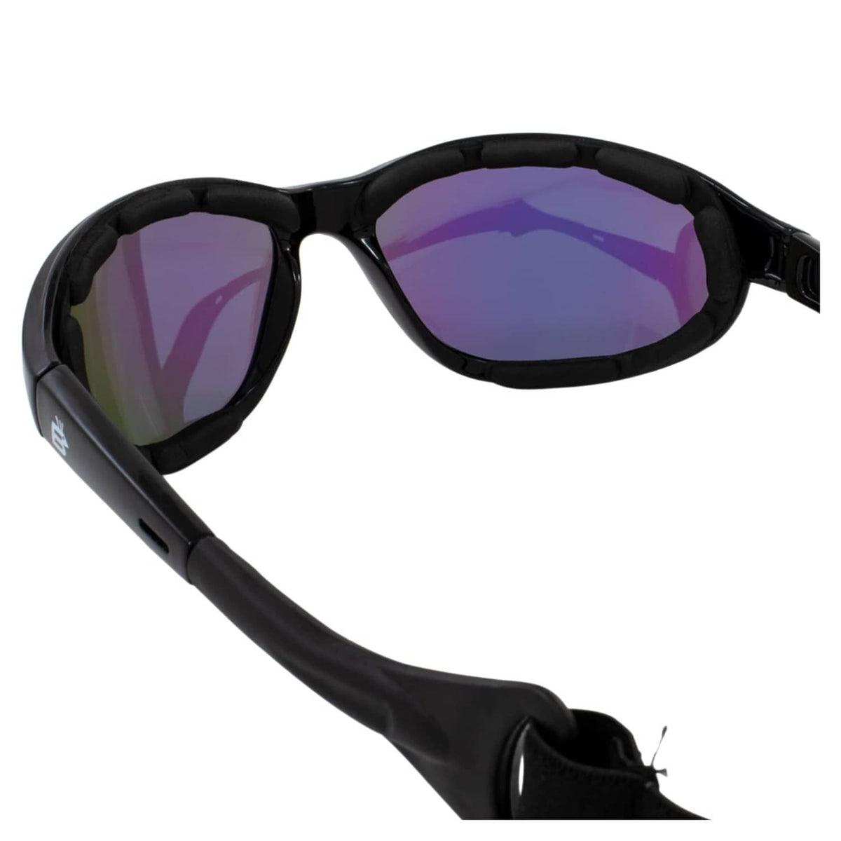 Black sports sunglasses close-up with purple mirror lenses and cushioned frame