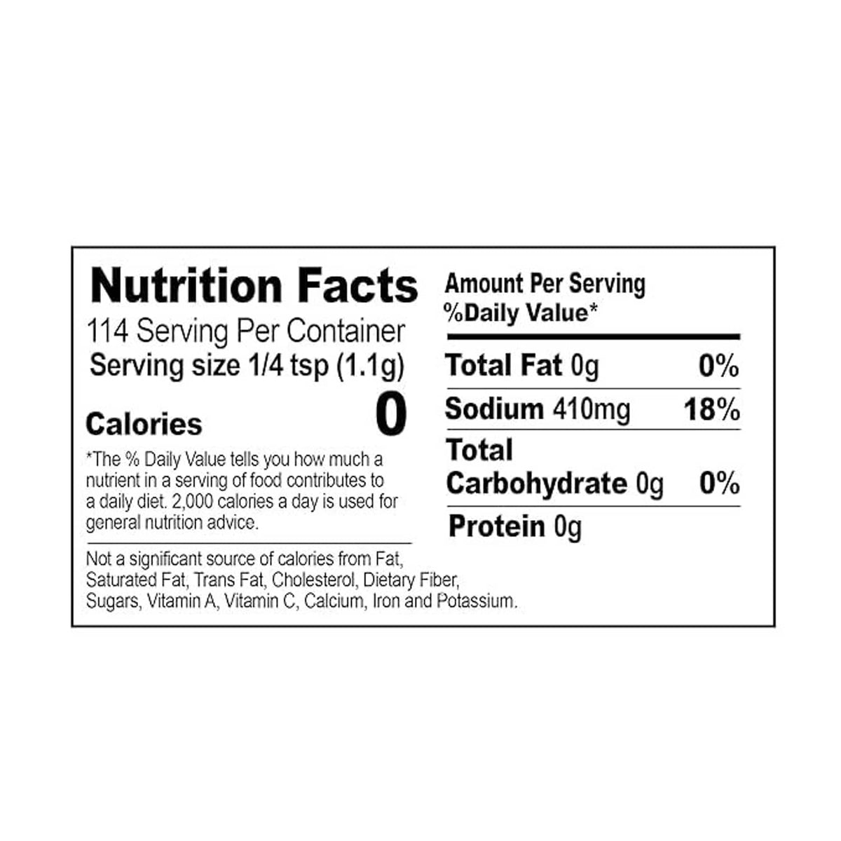 Nutrition Facts label for sea salt, listing sodium and calories