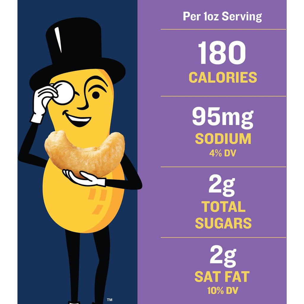 Mixed nuts package nutrition label showing calories, sodium, sugars, and sat fat