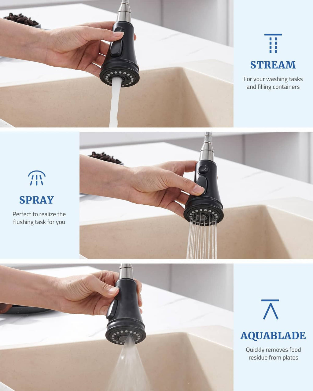 Matte black 3-function kitchen spray head with hand operating spray and stream