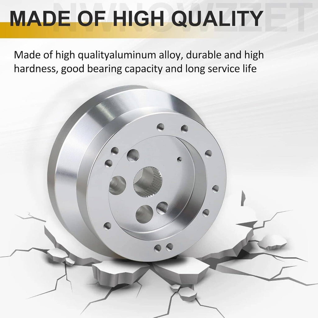 Polished aluminum steering wheel hub adapter with bolt pattern and center spline opening