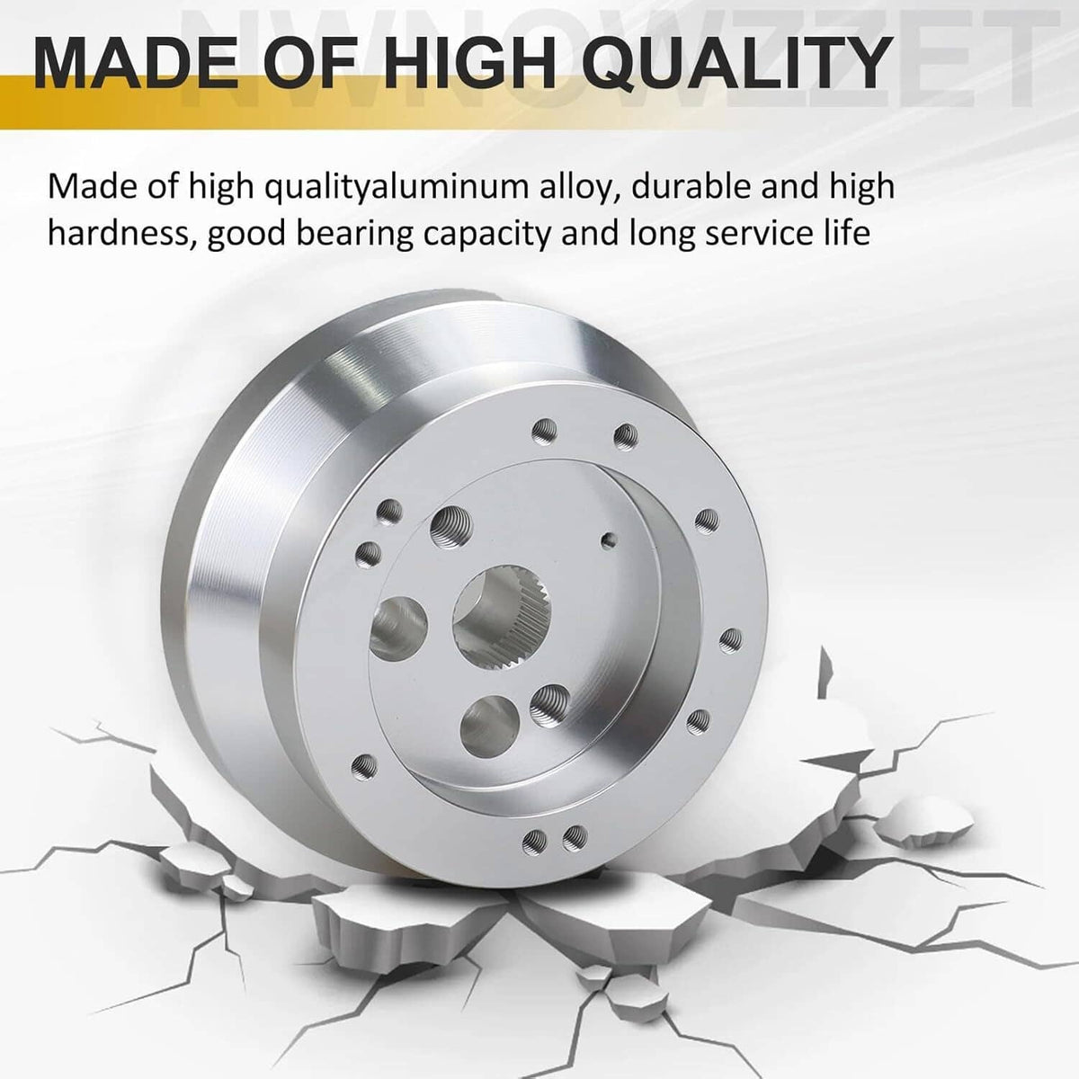 Polished aluminum steering wheel hub adapter with bolt pattern and center spline opening