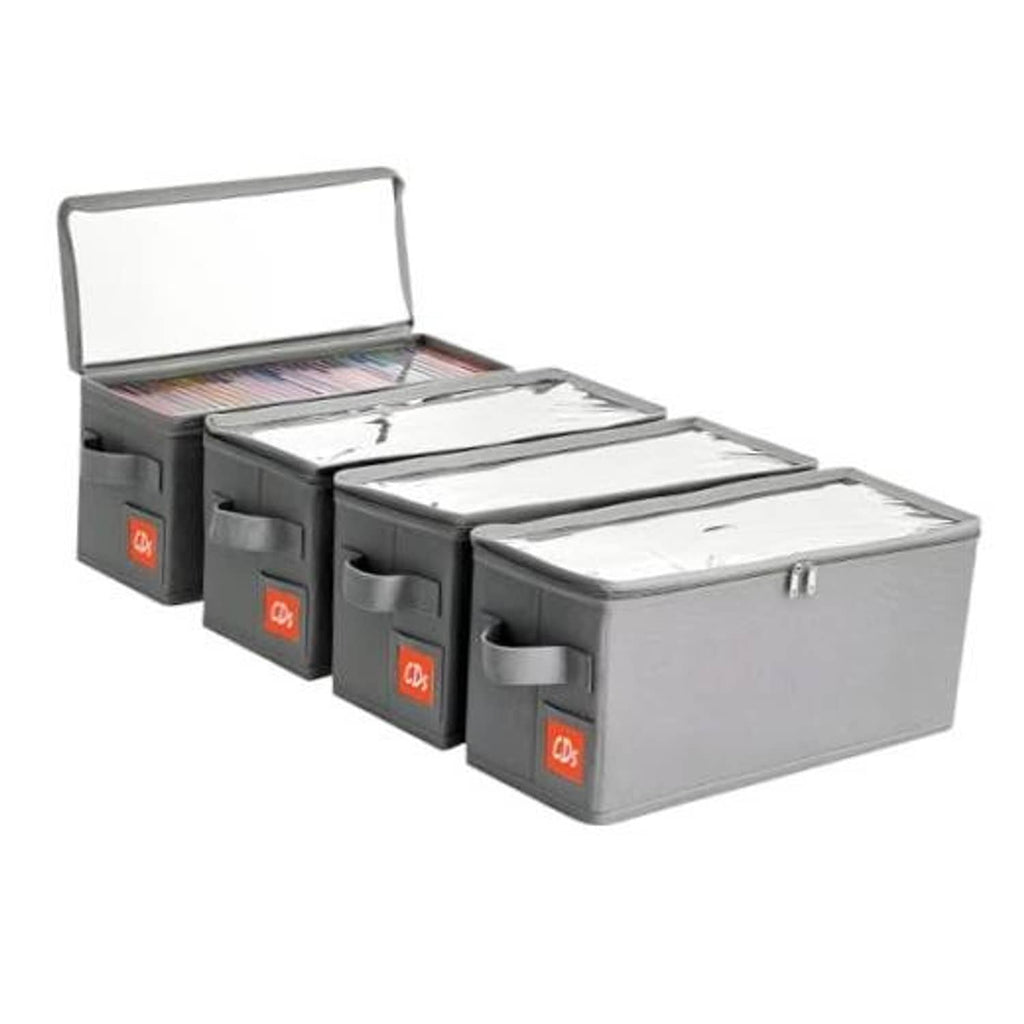 Pack of four gray stackable CD storage boxes with hinged lids, open for loading CDs