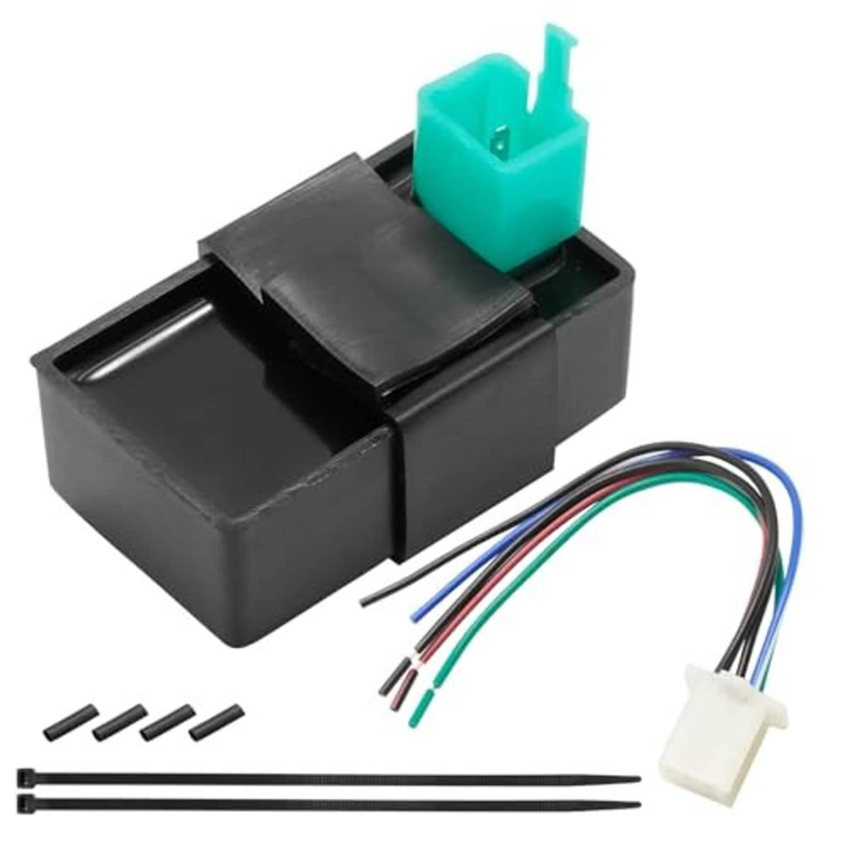 Black CDI box with teal 5-pin plug and multi-wire harness with white connector