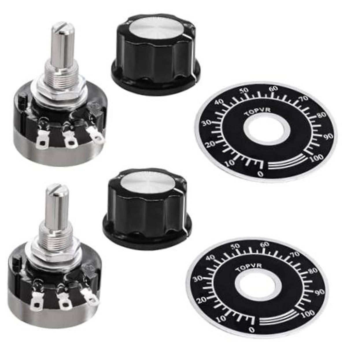 Dual rotary potentiometers with black knob, metal shaft, and numbered face dials