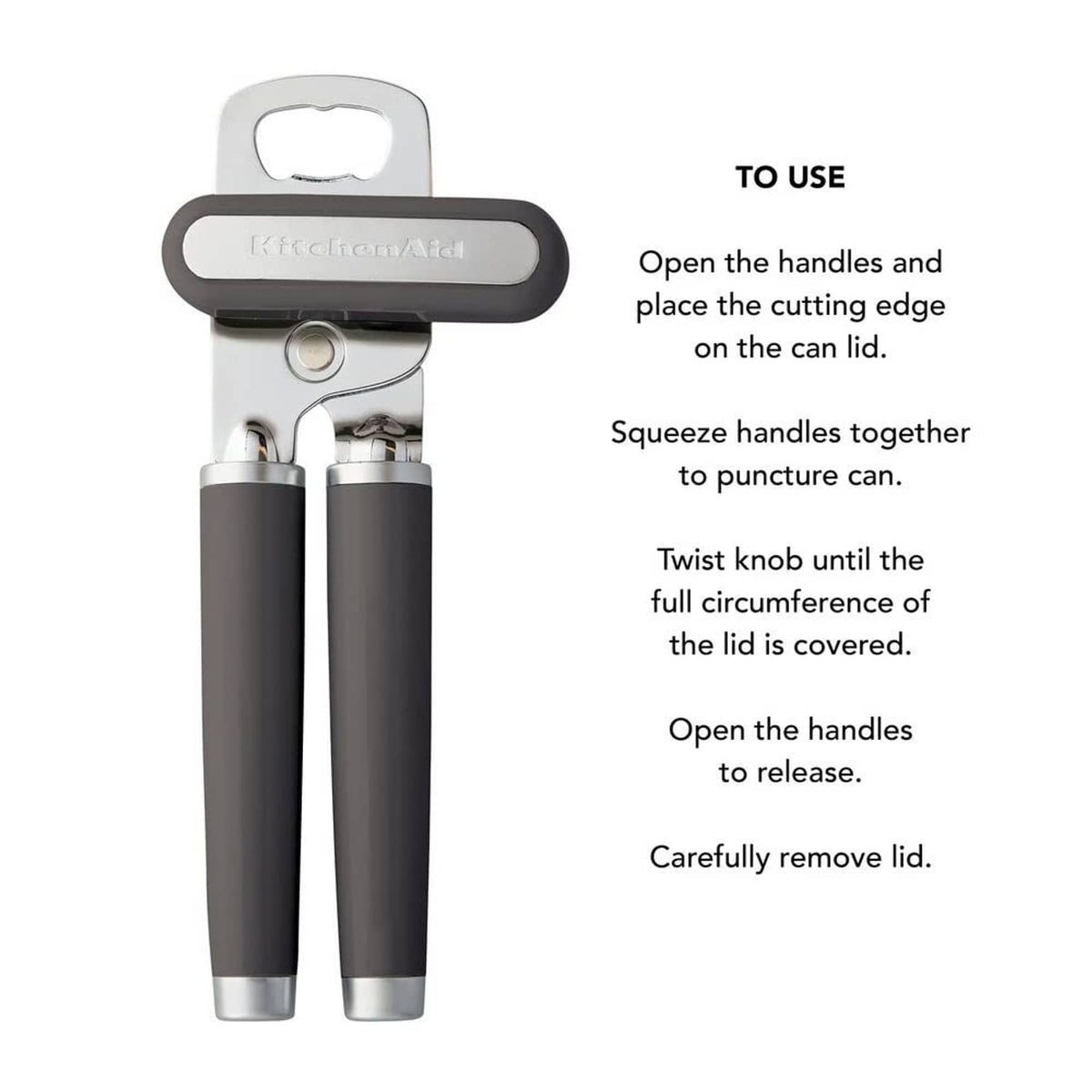 KitchenAid multifunction can and bottle opener in charcoal with open top loop