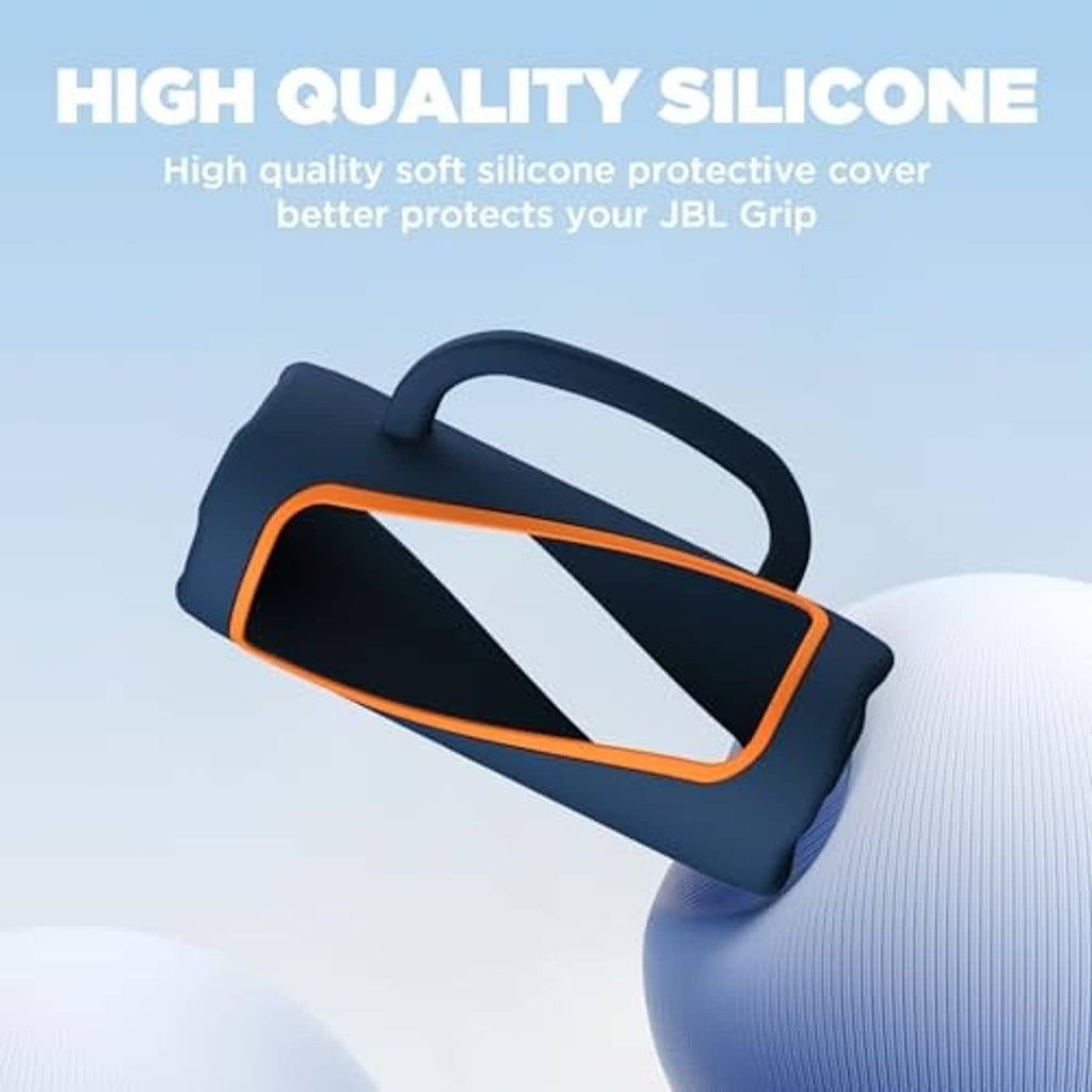 Blue silicone speaker cover with orange outline, soft texture and carry handle