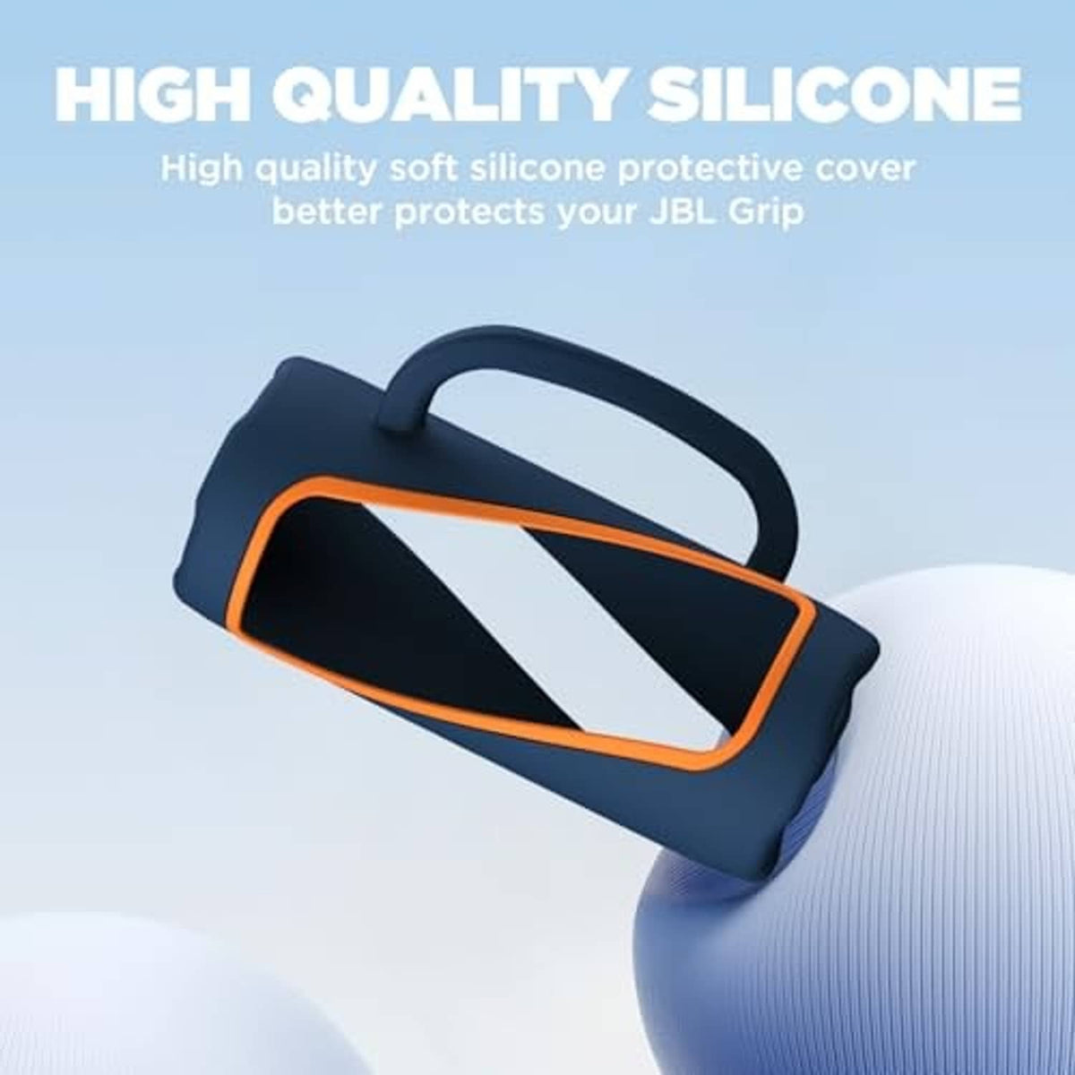 Blue silicone speaker cover with orange outline, soft texture and carry handle