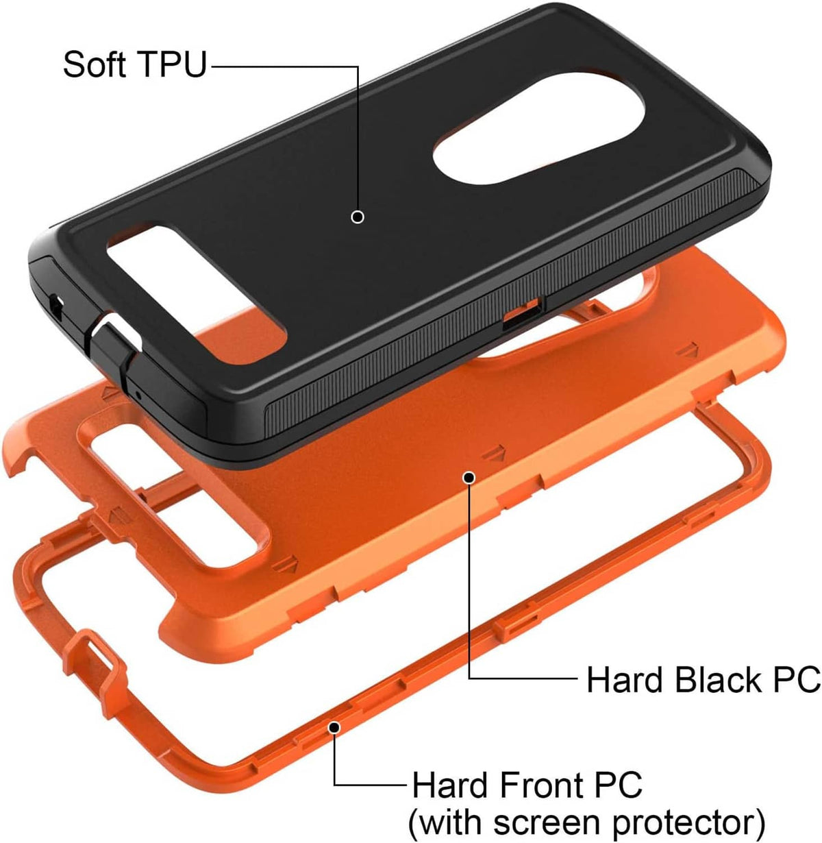 Rugged phone case, black hard shell with orange accents and built-in screen protector