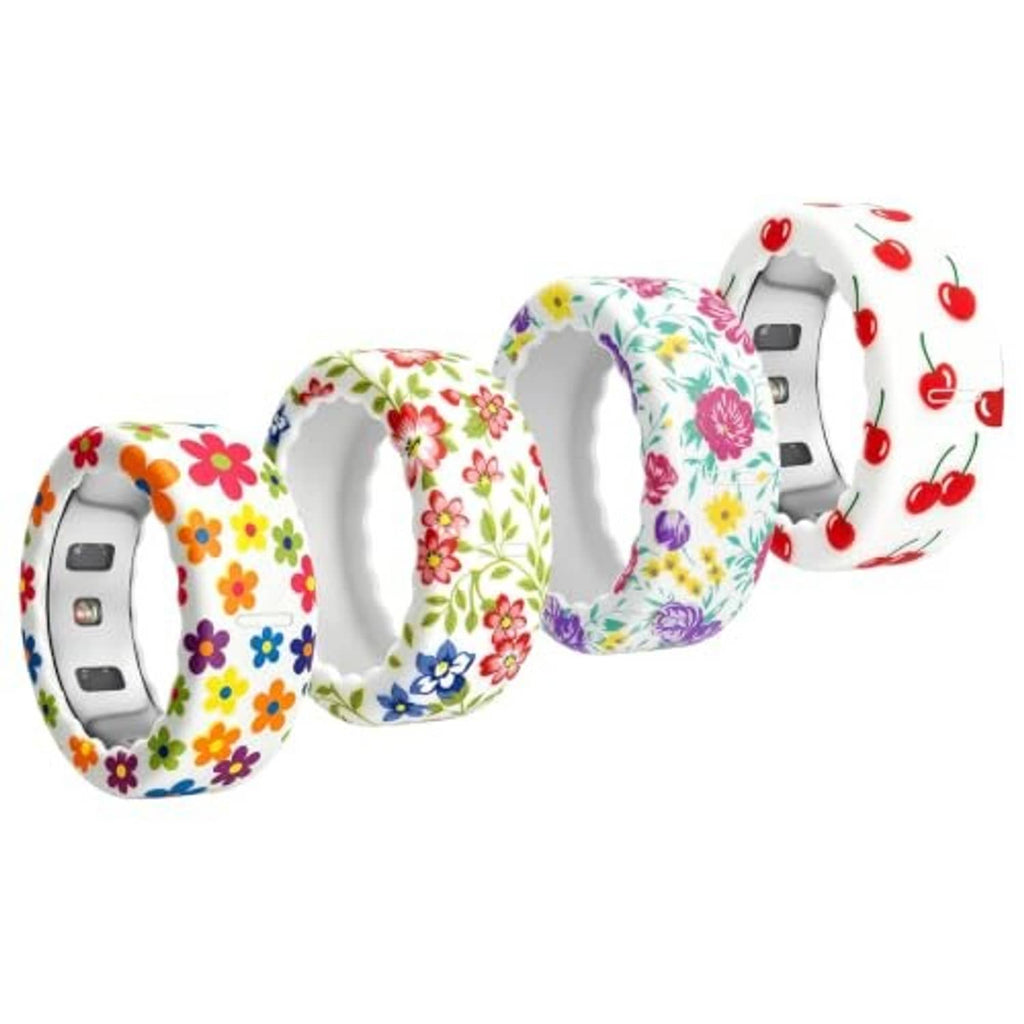 4-pack silicone ring covers featuring orange, floral, purple, and red cherry prints