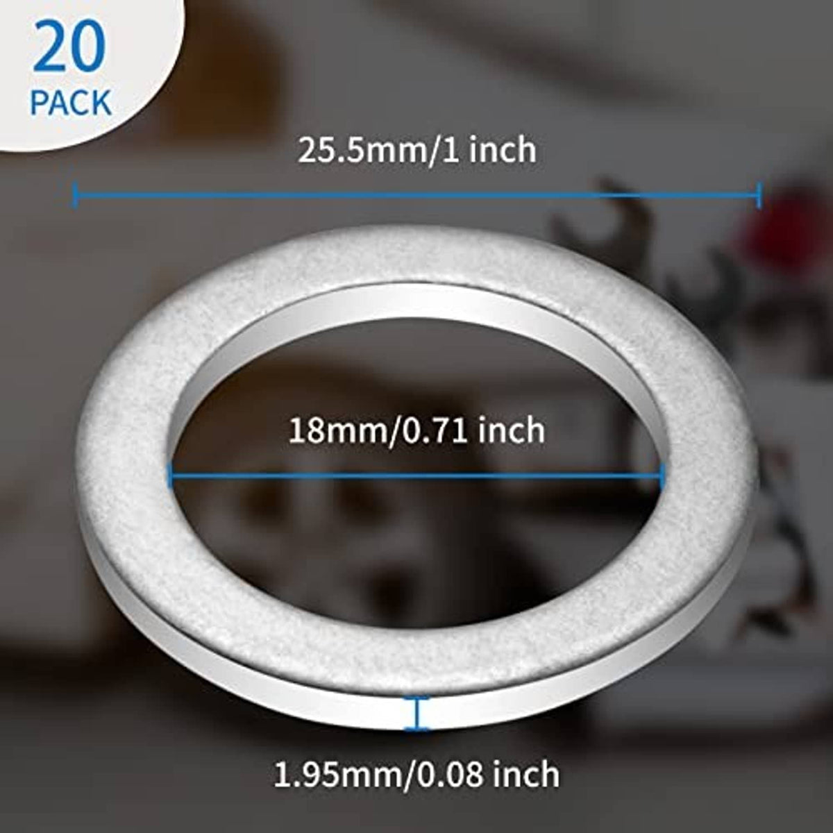 Oil drain plug washer dimensions: 25.5mm OD, 18mm ID, 1.95mm thickness