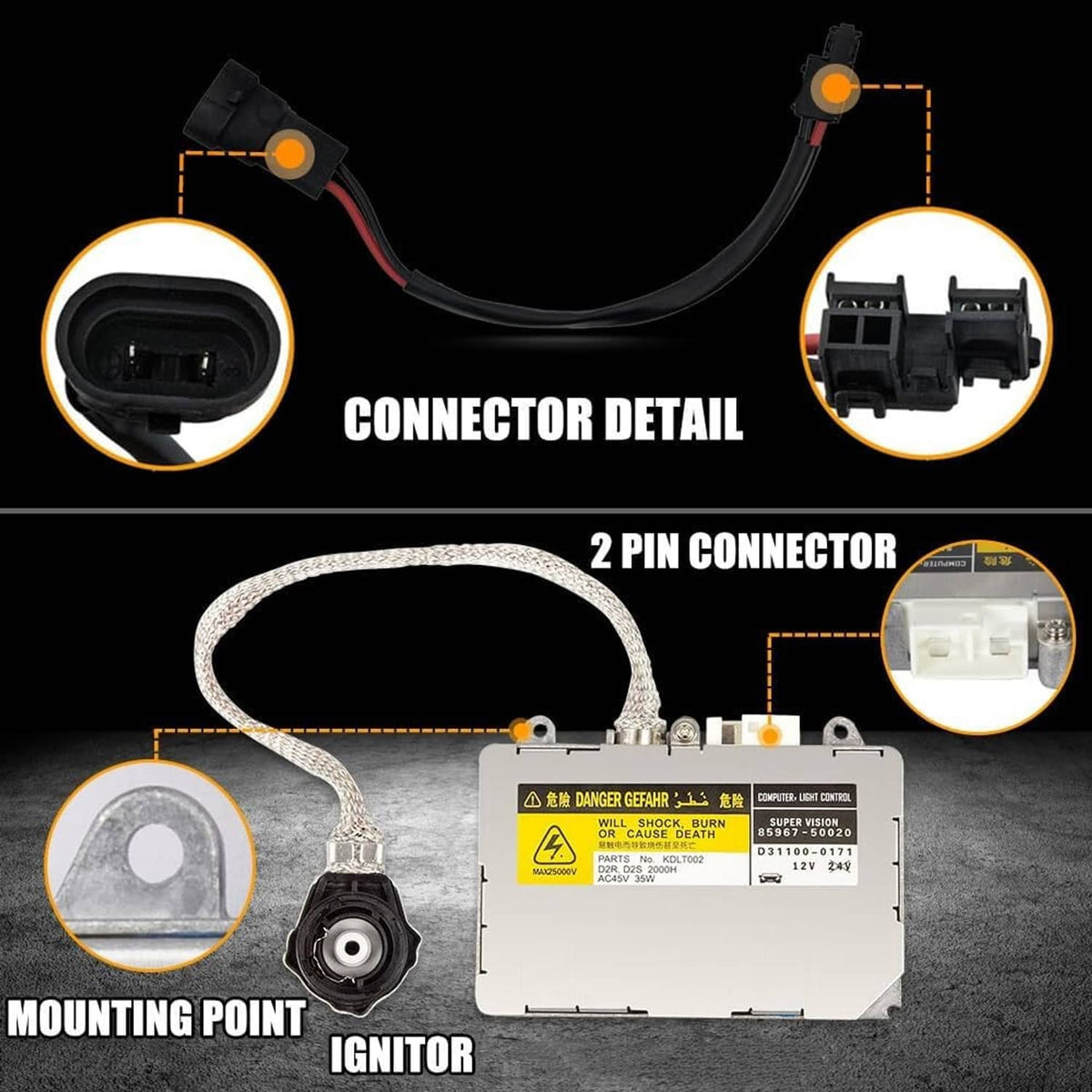 HID ballast connector and wiring harness with 2-pin plug and mounting point