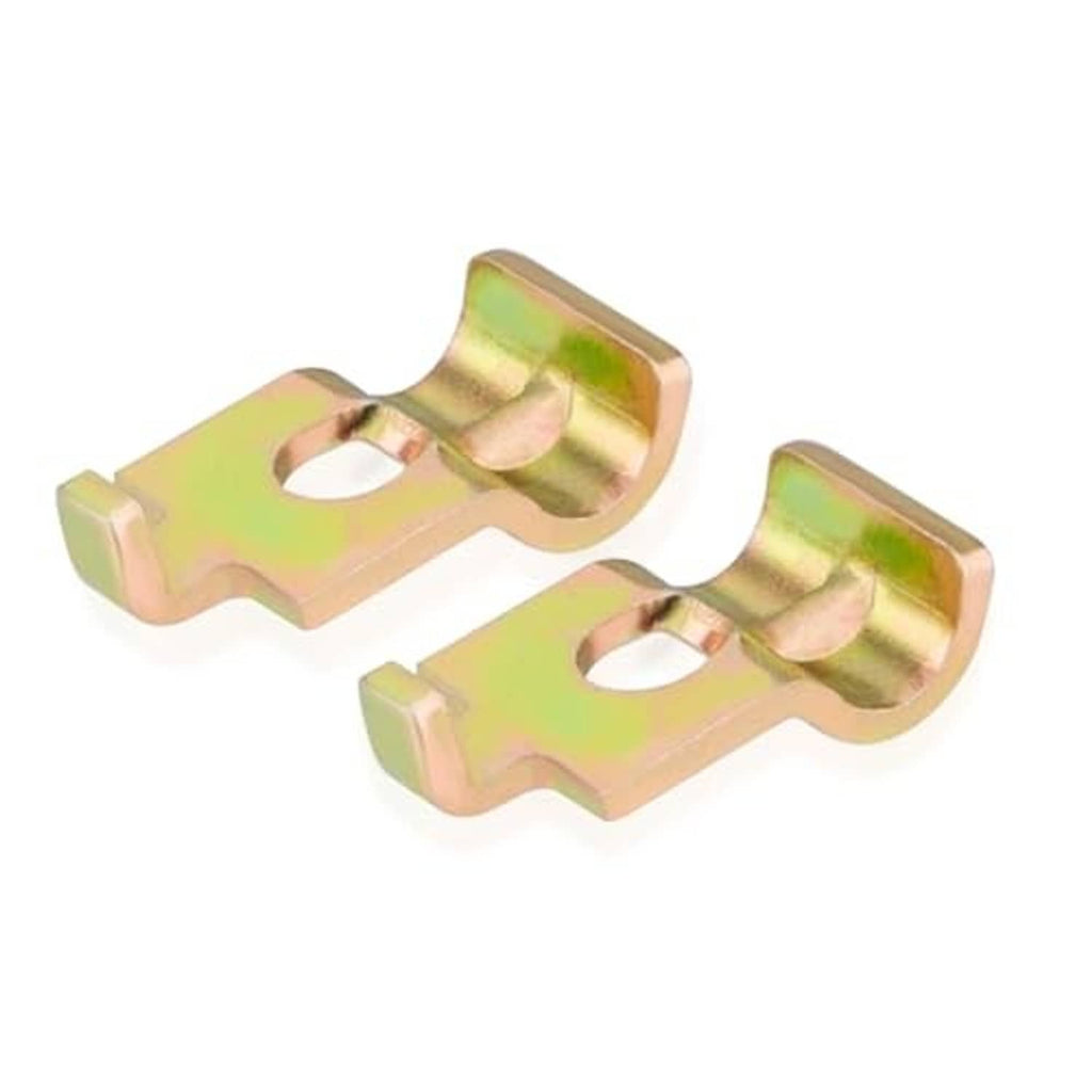 Two yellow-zinc throttle cable clamps with locking tabs and oval cable slots
