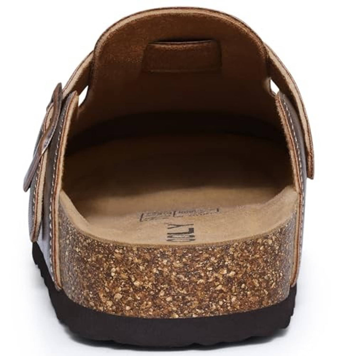 Inside view of mocha slip-on clog with cork footbed and stitched side straps
