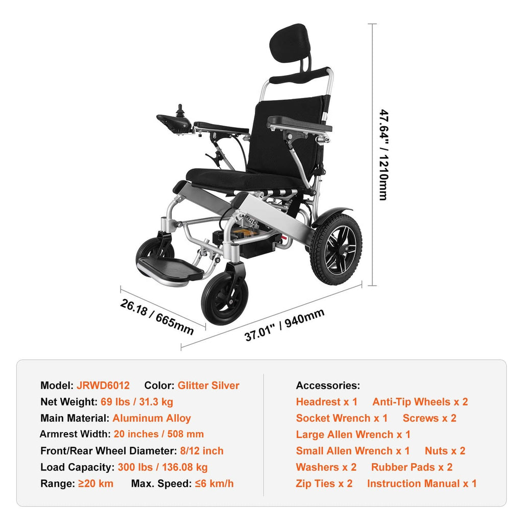 Folding electric wheelchair in silver frame with black seat and backrest, side view