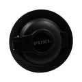 Matte black fuel tank cap cover with raised “FUEL” emblem and hinge tabs