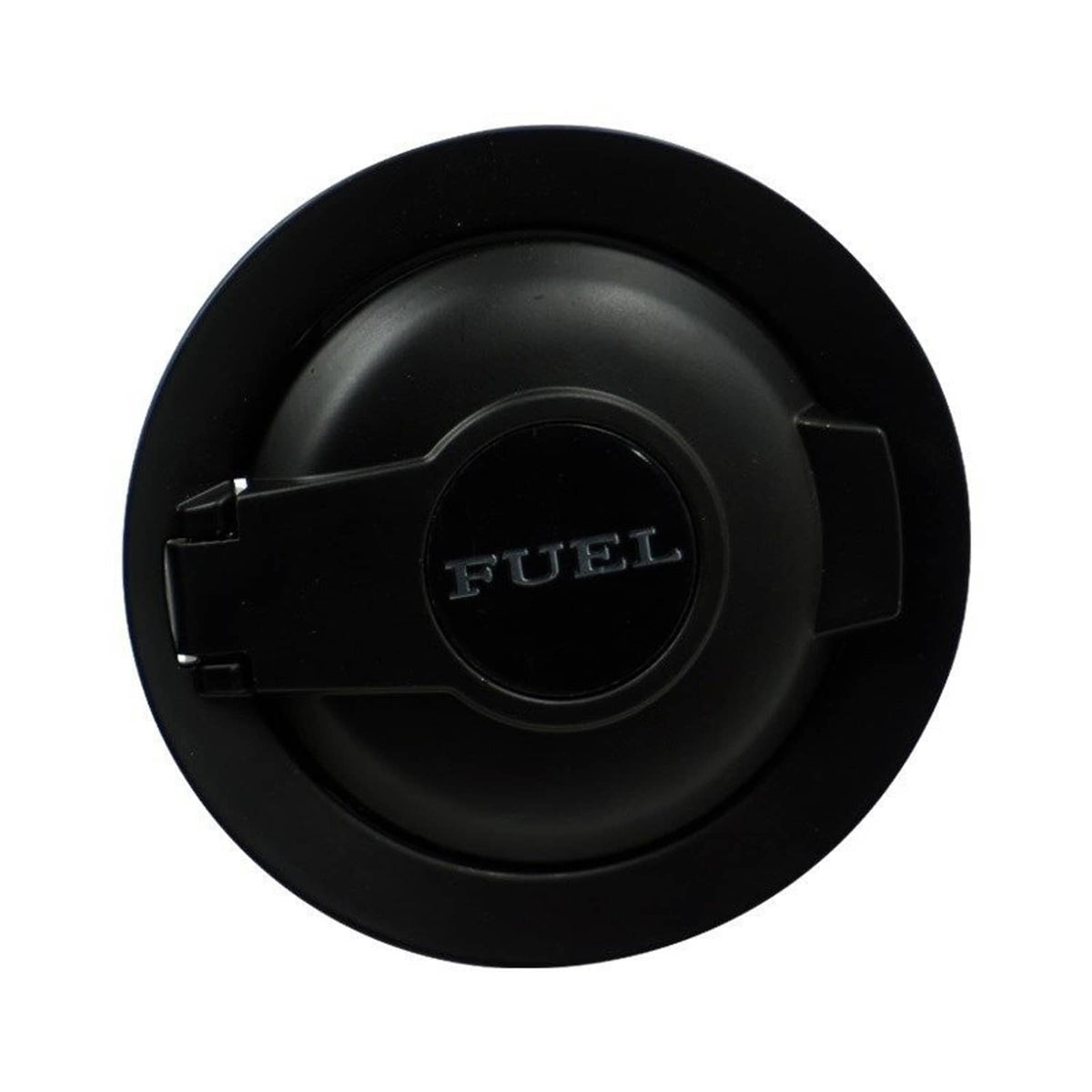 Matte black fuel tank cap cover with raised “FUEL” emblem and hinge tabs