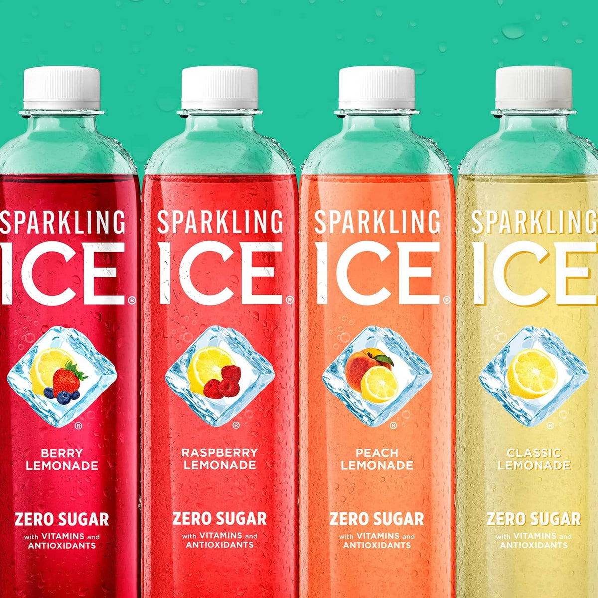 Sparkling Ice zero sugar bottles for berry, raspberry, peach, and classic lemonade