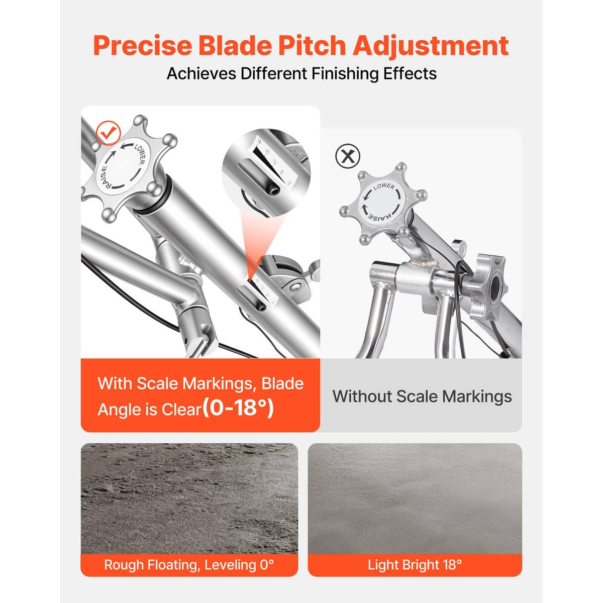 Concrete trowel blade pitch adjustment mechanism with scale markings and mount