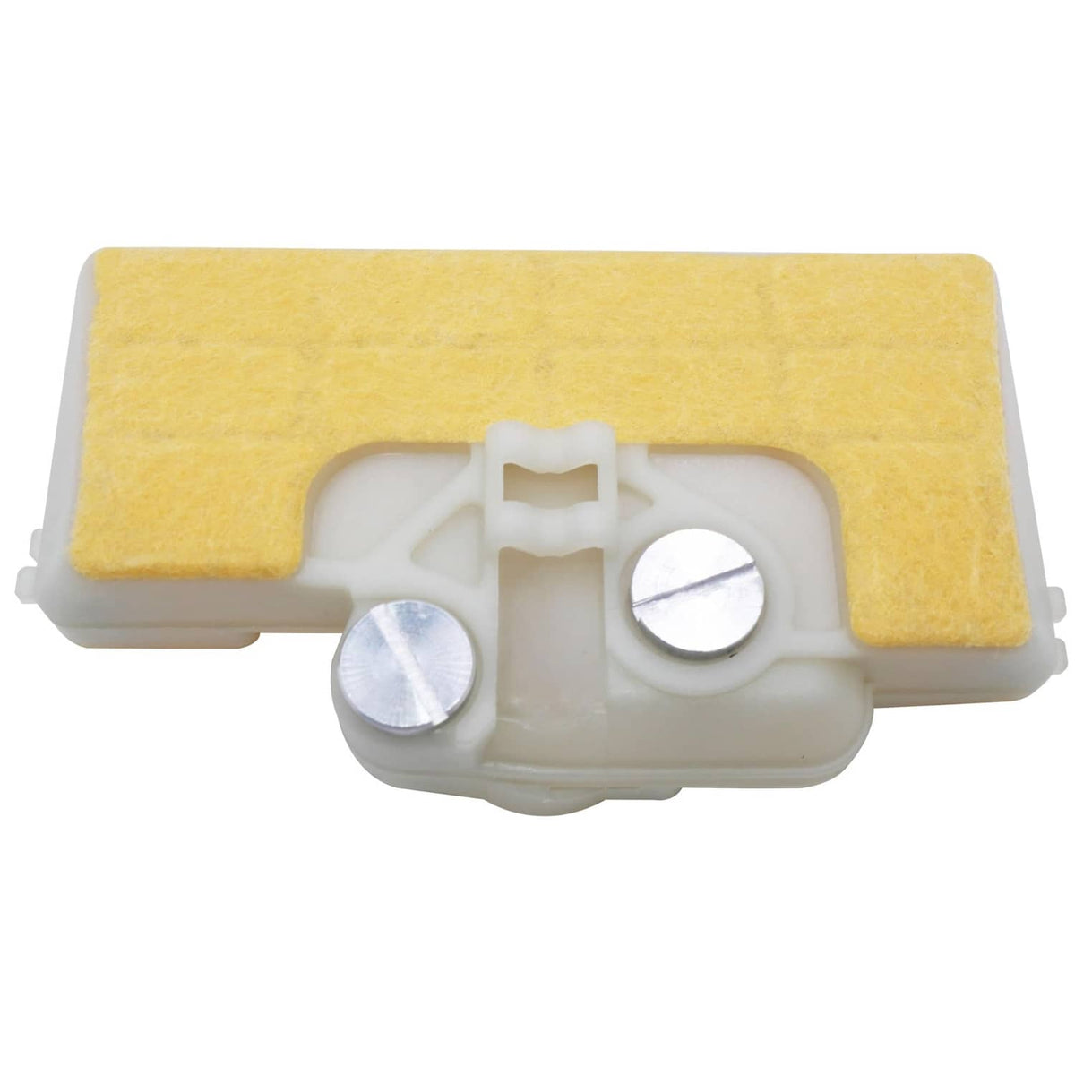 Air filter cleaner with yellow foam pad, white housing, and round metal inserts