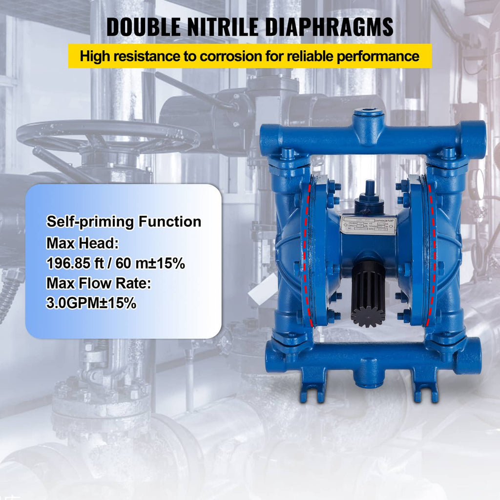 Blue self-priming double diaphragm pump with front diaphragm and side air connections