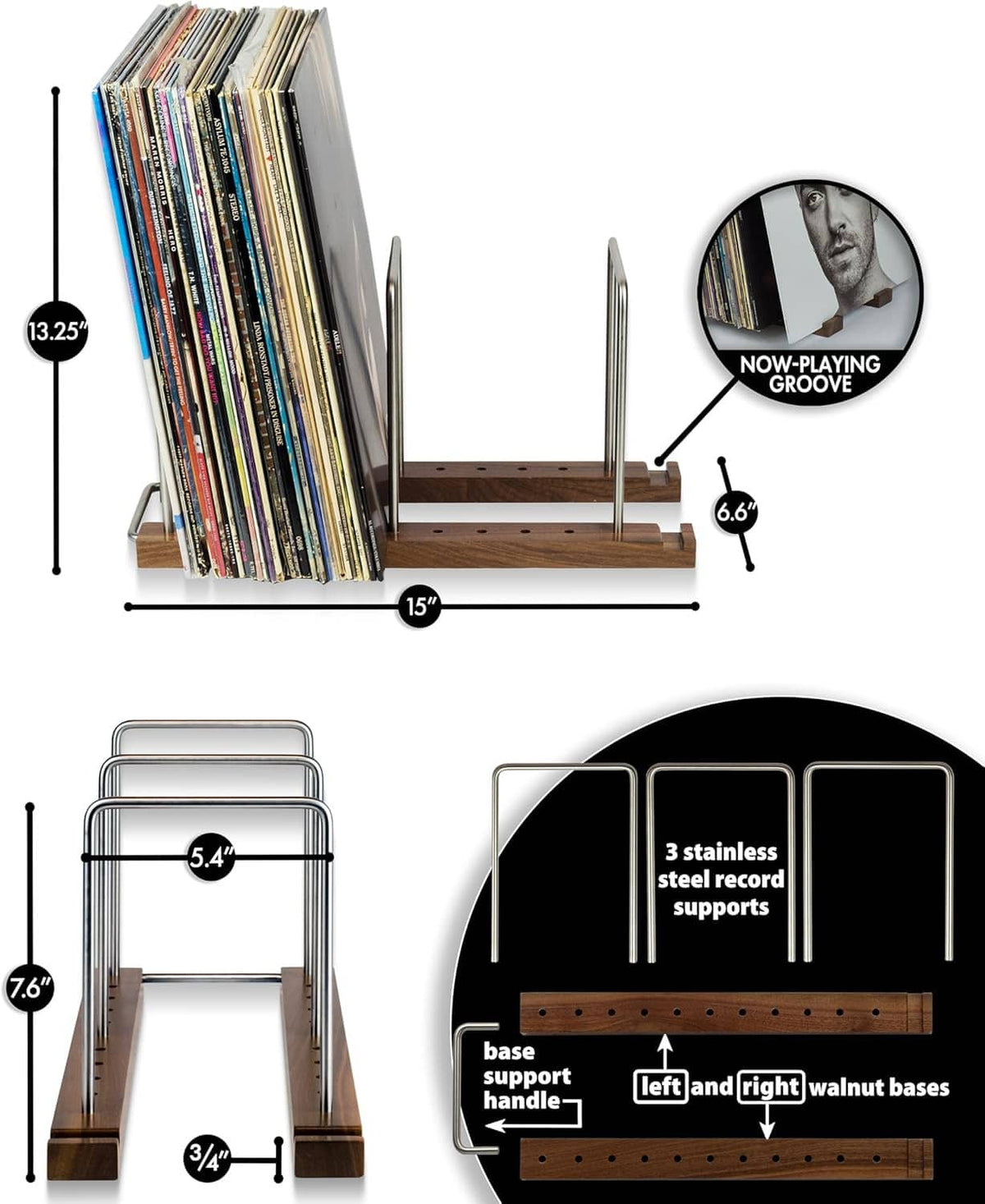 Walnut record stand with rounded metal U-handles, 6-disc-style spacing, and perforated base