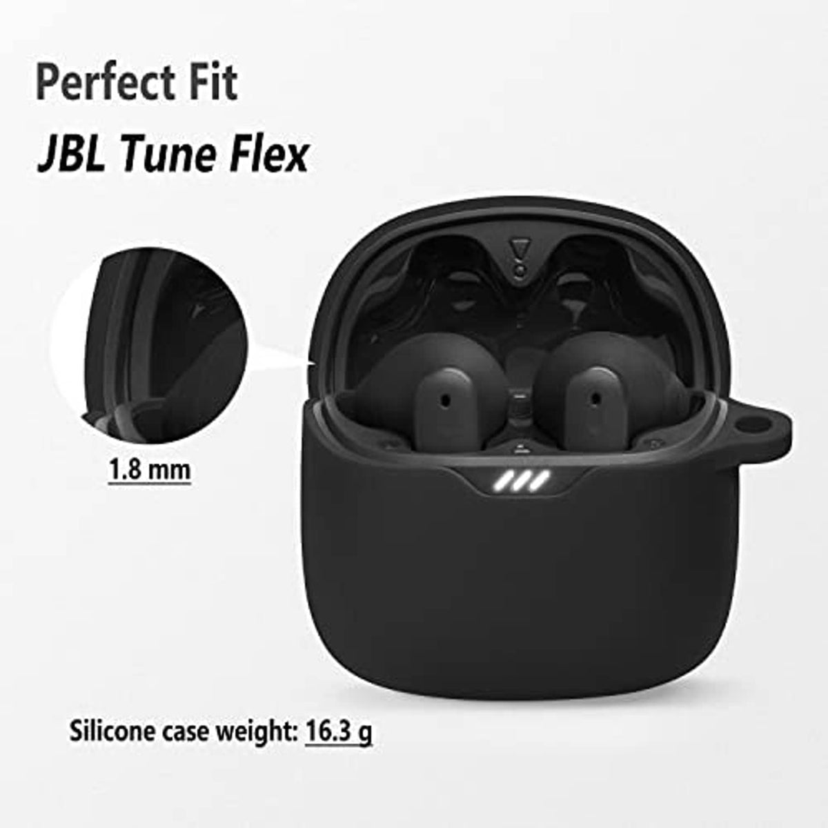 Black silicone earbud case with open lid showing earbuds inside