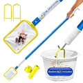 Yellow pool skimmer with blue handle and hinged debris collection basket.
