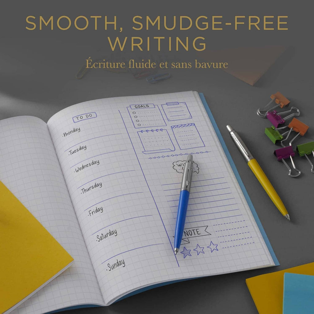 Blue gel ink refill writing on weekly planner page with smooth, smudge-free lines