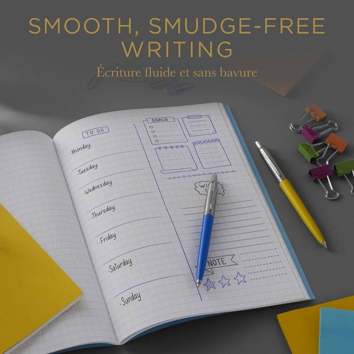 Blue gel ink refill writing on weekly planner page with smooth, smudge-free lines