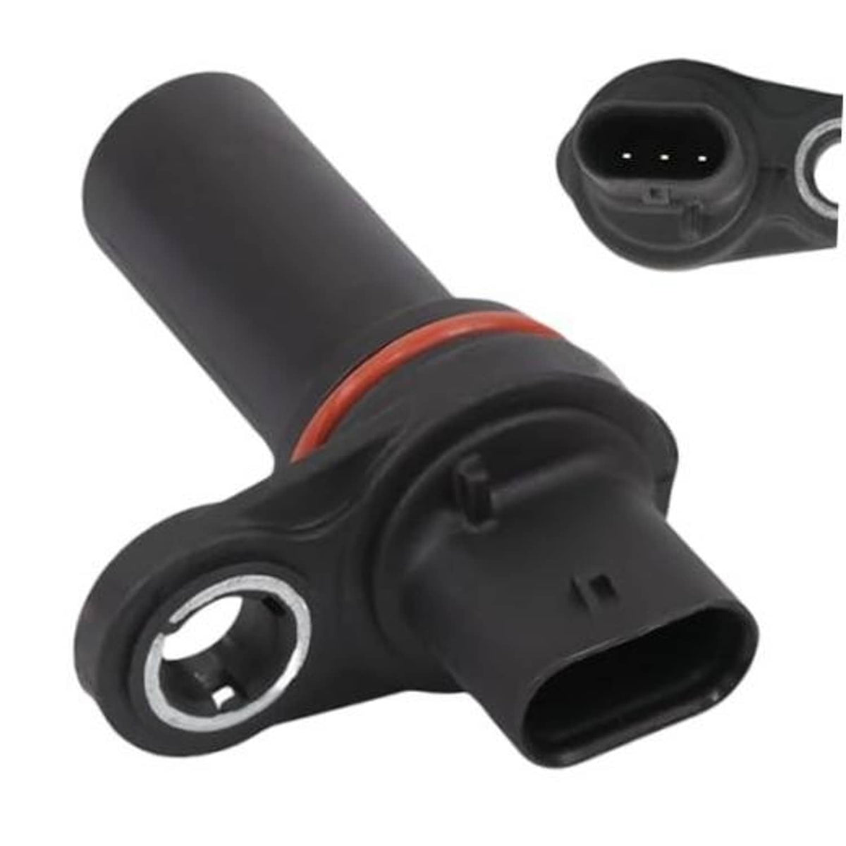 Crankshaft position sensor with black housing and red sealing ring, connector included