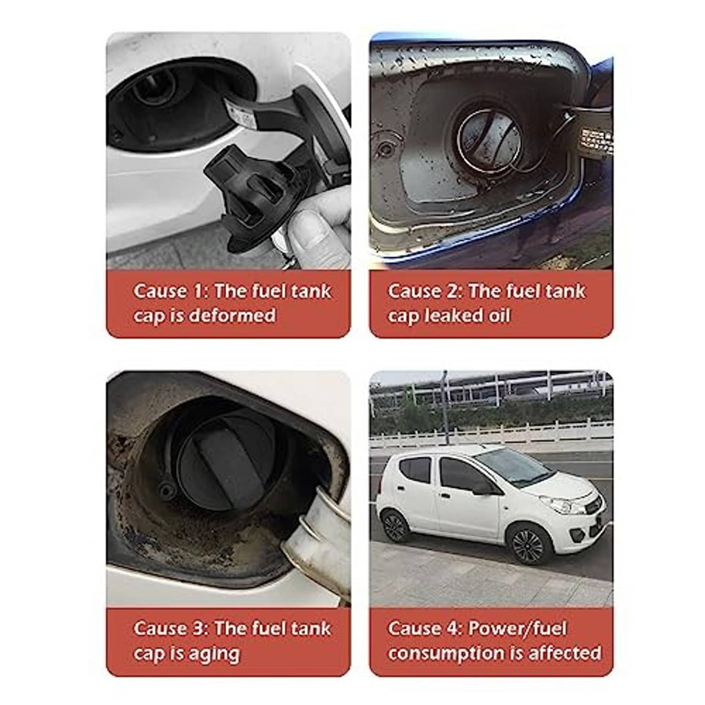 Fuel tank cap cross-section showing red seal and black outer ring, tether cord