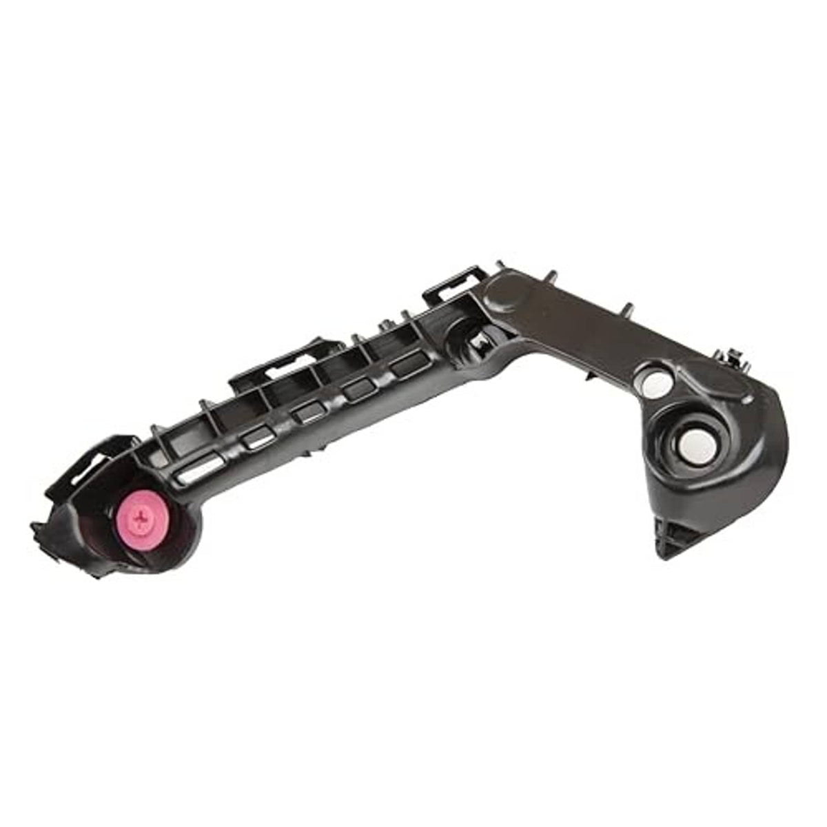 Front bumper mount retainer, black plastic bracket with pink insert and round bushing opening