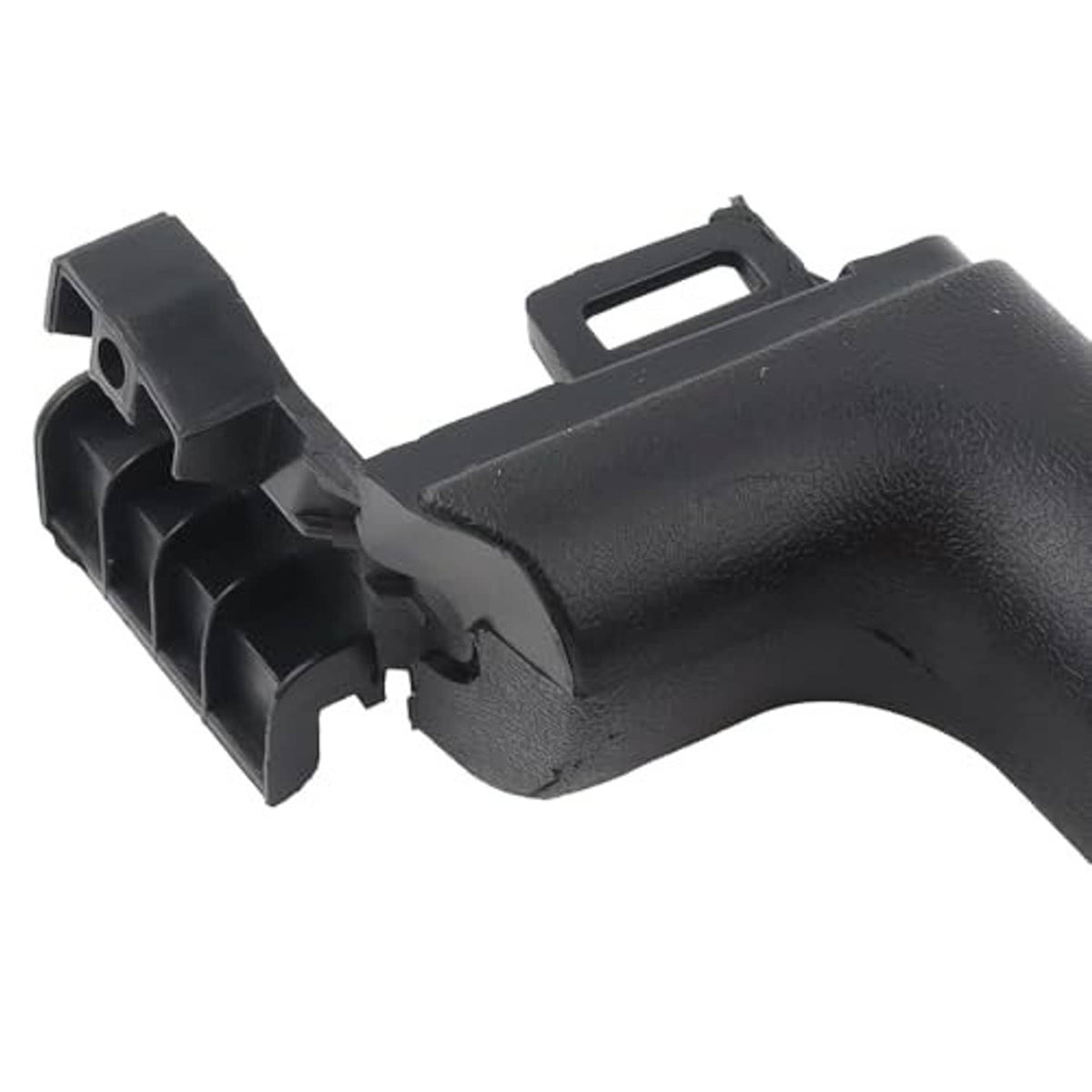 Black interior armrest handle with textured grip and attached mounting clip