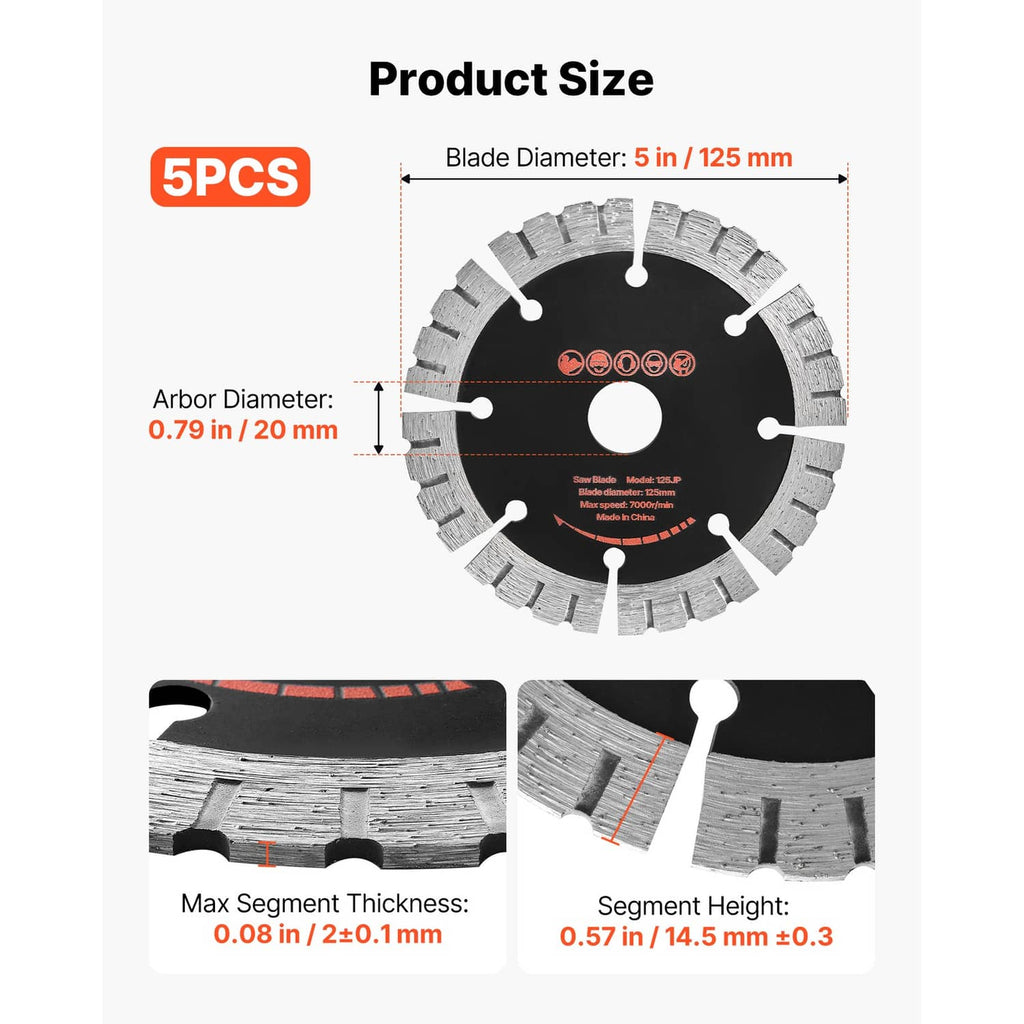Diamond wall chasing blade size diagram, 5 in diameter and 0.79 in arbor