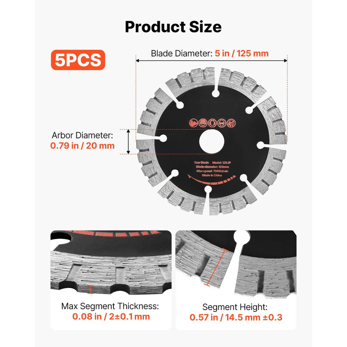 Diamond wall chasing blade size diagram, 5 in diameter and 0.79 in arbor