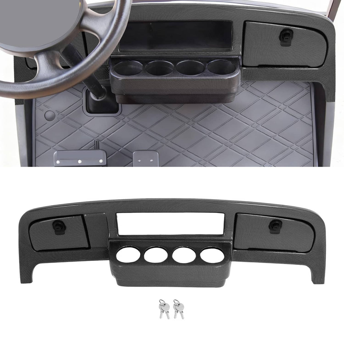 Black dashboard dash cover with cutouts and textured carbon-fiber style finish