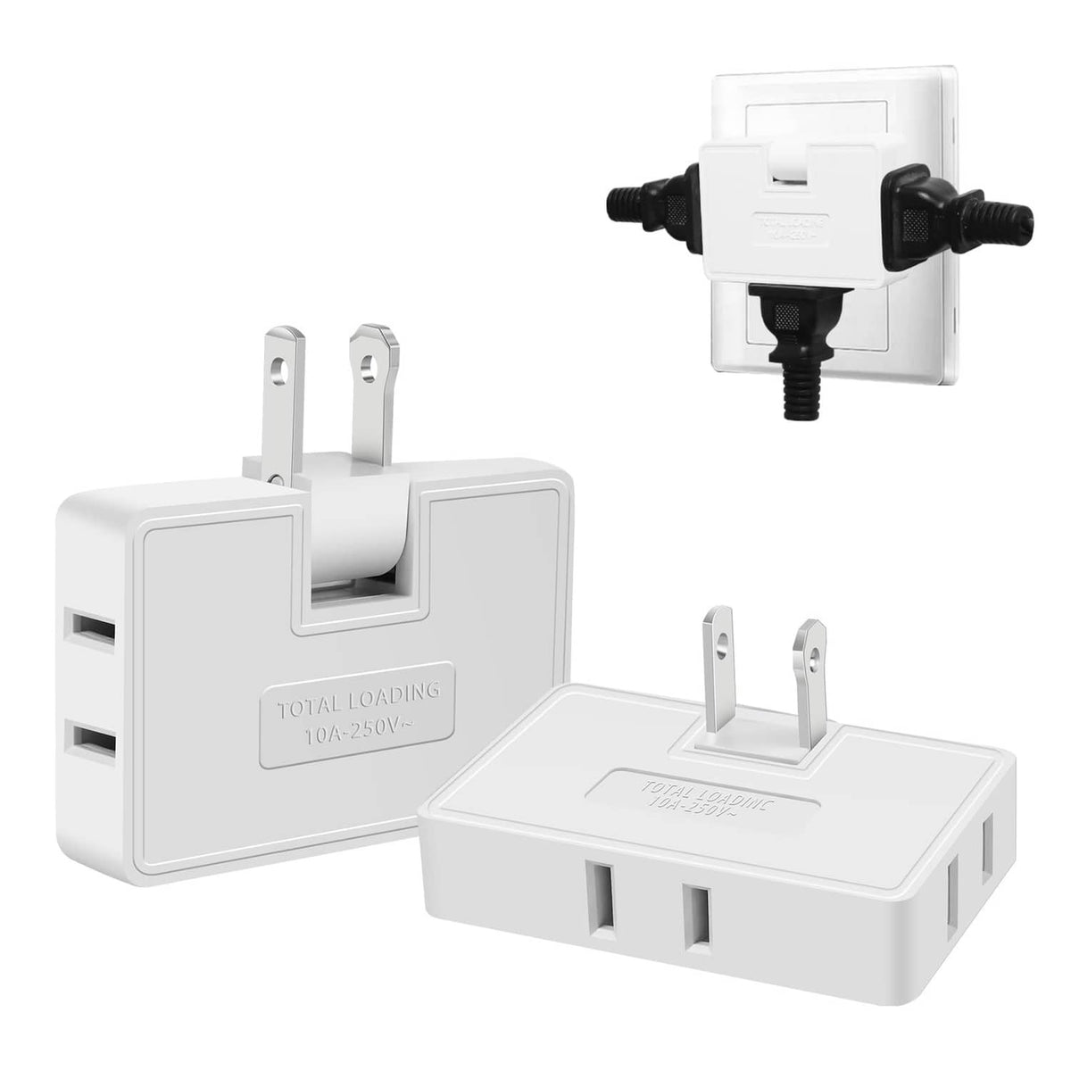 White 3-way flat wall outlet extender adapter, 180-degree plug angle, 2-pack
