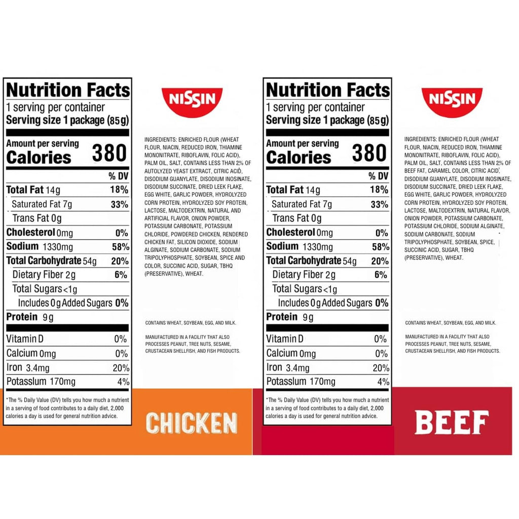 Top Ramen nutrition facts panels for chicken and beef soup with Nissin branding