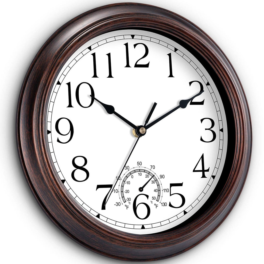 Outdoor wall clock with copper-red frame, large black numerals, thermometer subdial, clock hands.