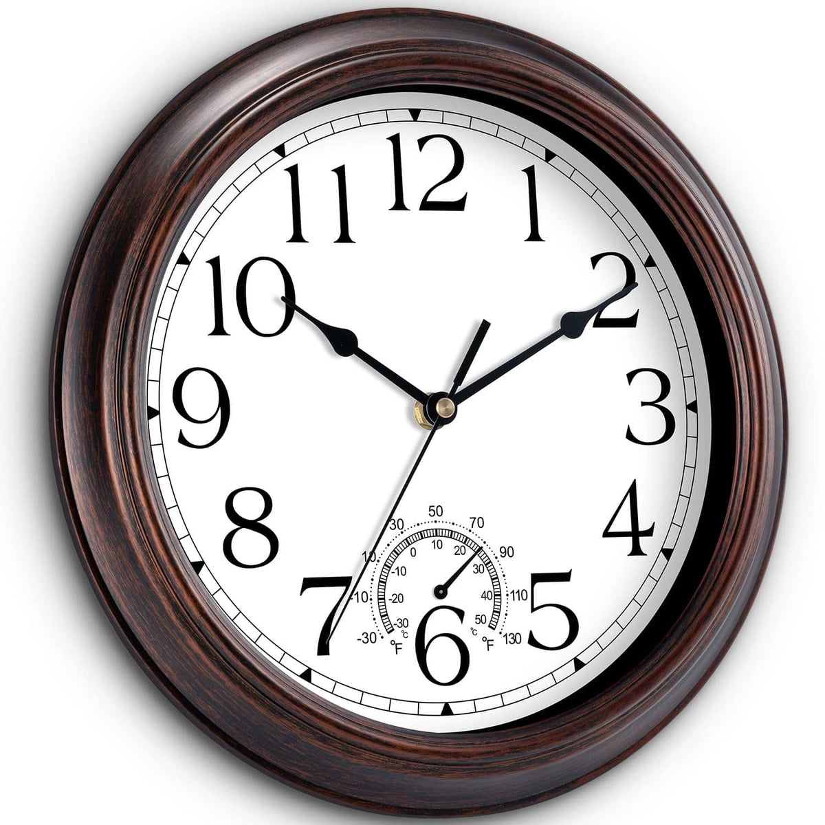 Outdoor wall clock with copper-red frame, large black numerals, thermometer subdial, clock hands.