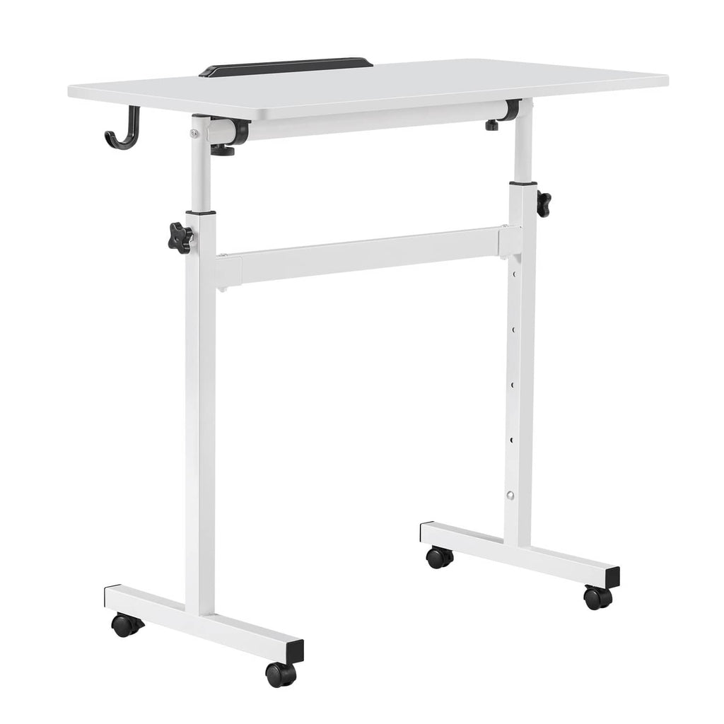 Mobile standing desk with tilting desktop, white frame and caster wheels
